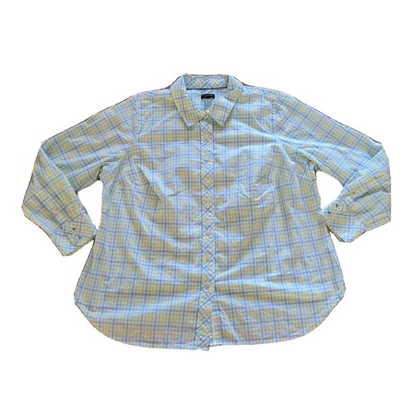 Talbots Top Shirt Womens 1X Petite Blue Yellow Plaid Button Down Casual Career - Picture 1 of 11